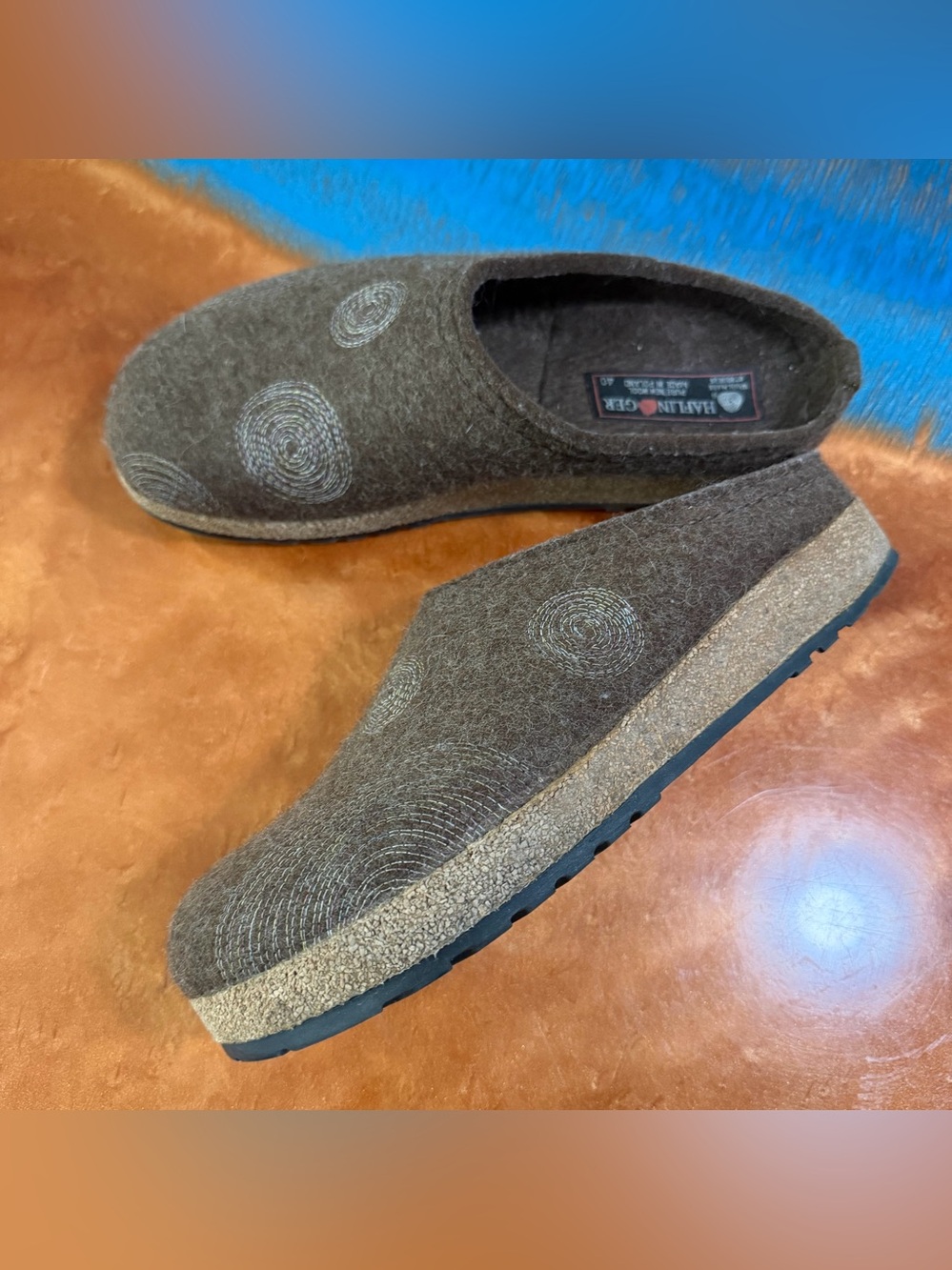 Haflinger Wool Slip-On Clog Swirl Stitching size 40